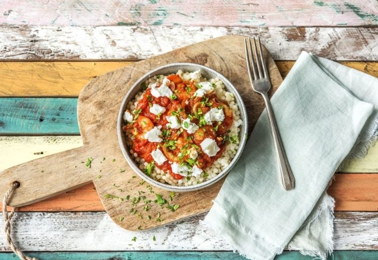 Shrimp Saganaki with Olive Tomato Sauce over Couscous by Hello Fresh